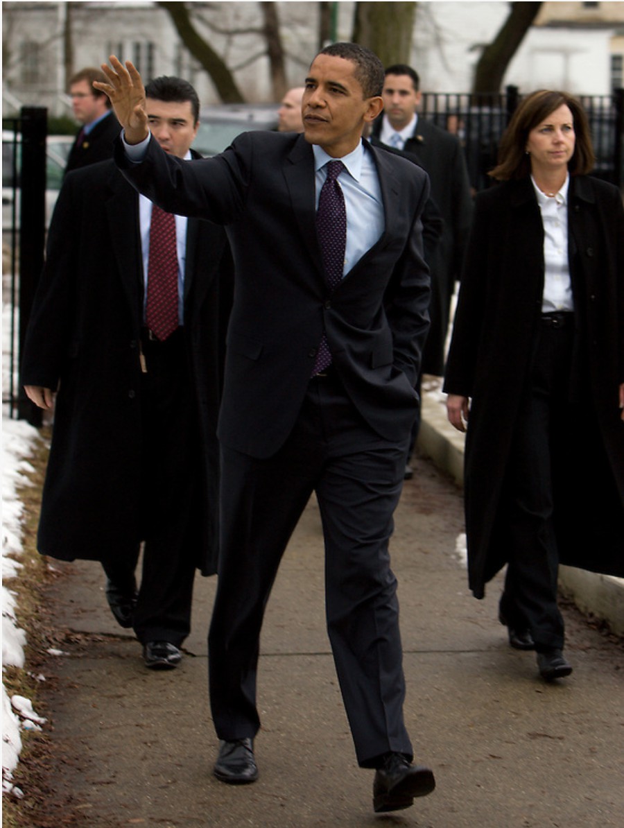Senator Barack Obama and wife Michelle leave the 23rd precinct polling place at Shoesmith Beulah Elementary School in Kenwood after voting in the 2008 Illinois primary.
