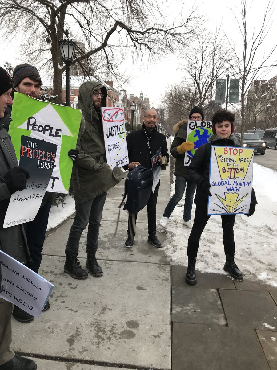 UChicago Student Action (UCSA) and the People's Lobby protest outside Justin Trudeau's Wednesday talk at Mandel Hall.