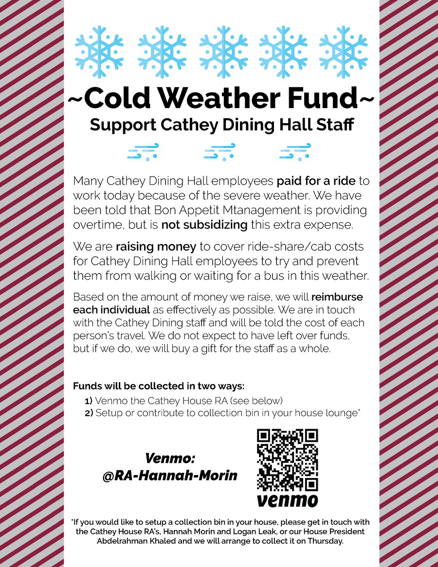 Students posted fliers raising money to defray the cost of transportation for dining hall staff.